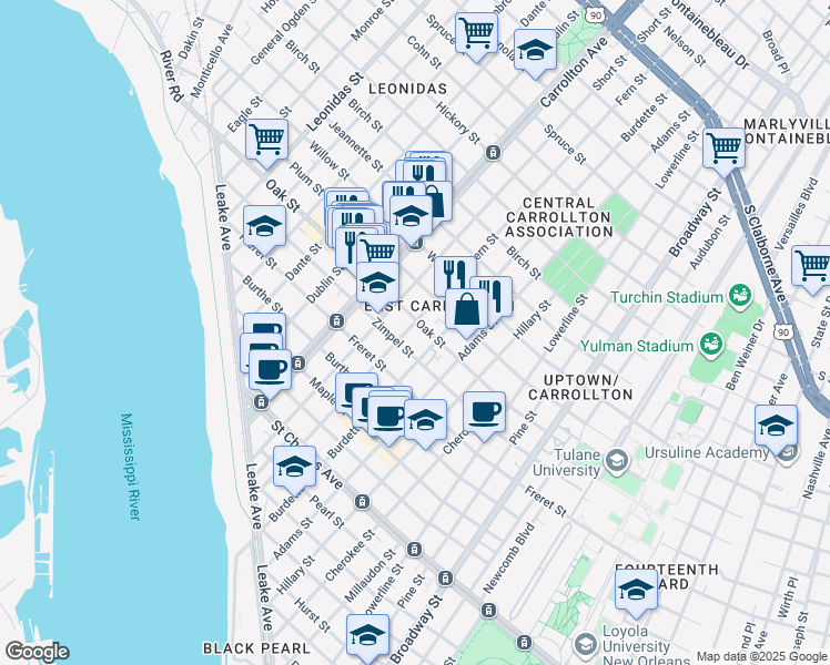 map of restaurants, bars, coffee shops, grocery stores, and more near 1213 Fern Street in New Orleans