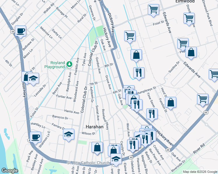 map of restaurants, bars, coffee shops, grocery stores, and more near 663 Grove Avenue in Harahan
