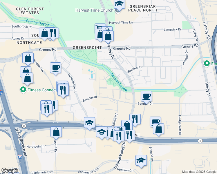 map of restaurants, bars, coffee shops, grocery stores, and more near 16818 City View Place in Houston