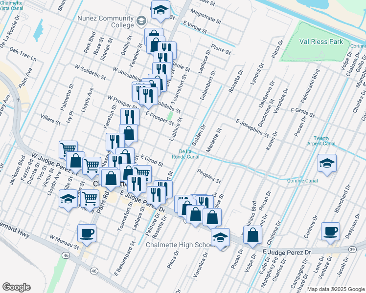map of restaurants, bars, coffee shops, grocery stores, and more near 505 East Street Avide Street in Chalmette