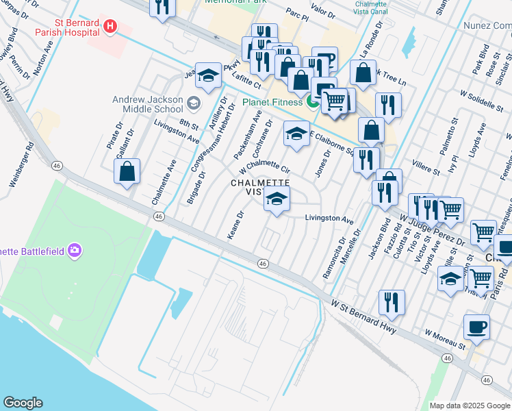 map of restaurants, bars, coffee shops, grocery stores, and more near 8709 West Livingston Avenue in Chalmette