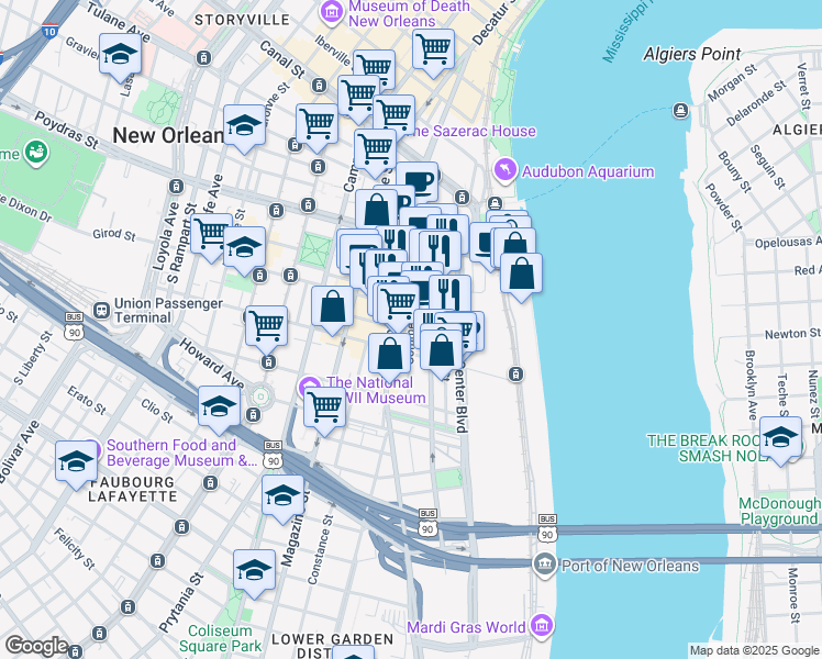 map of restaurants, bars, coffee shops, grocery stores, and more near in New Orleans