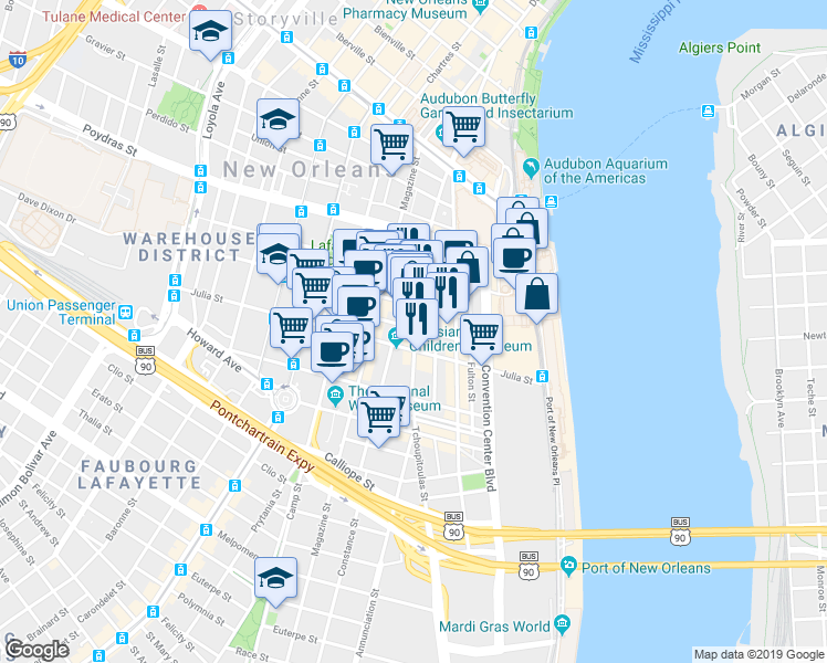 map of restaurants, bars, coffee shops, grocery stores, and more near 731 Tchoupitoulas Street in New Orleans