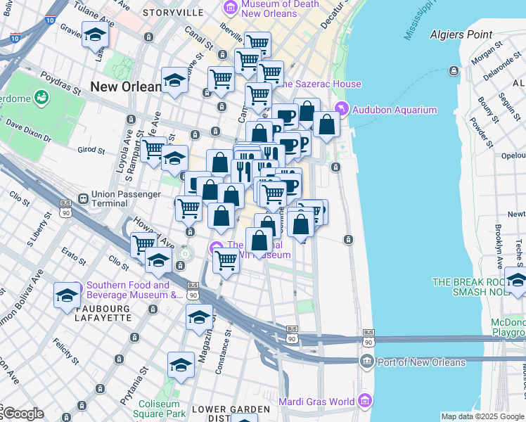map of restaurants, bars, coffee shops, grocery stores, and more near 731 Tchoupitoulas Street in New Orleans