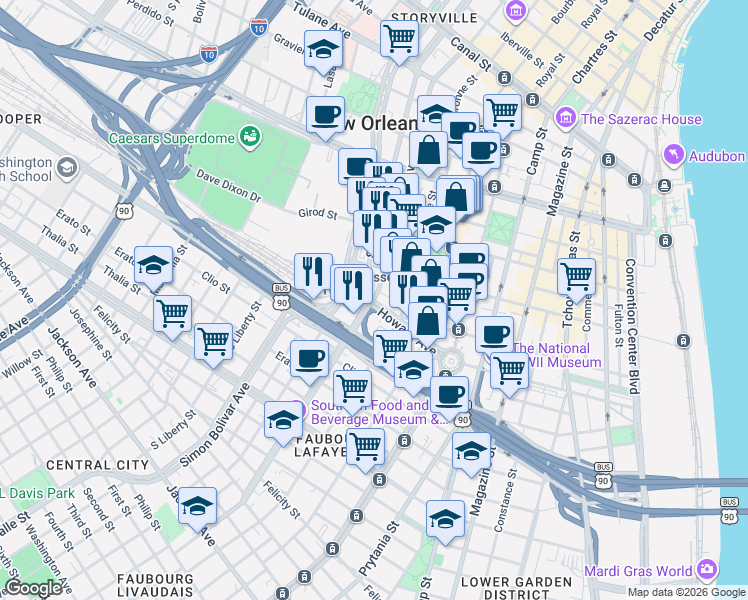 map of restaurants, bars, coffee shops, grocery stores, and more near 701 Loyola Avenue in New Orleans