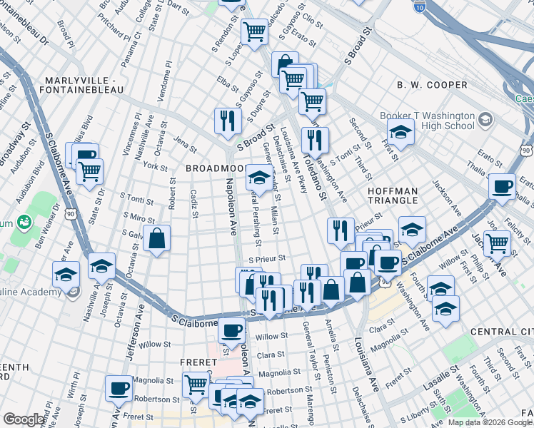 map of restaurants, bars, coffee shops, grocery stores, and more near 4216 South Miro Street in New Orleans