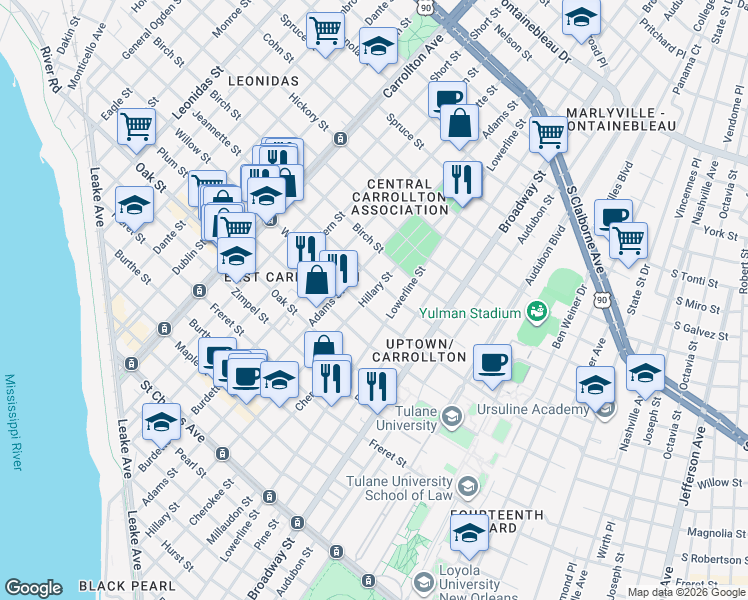map of restaurants, bars, coffee shops, grocery stores, and more near 7521 Jeannette Street in New Orleans