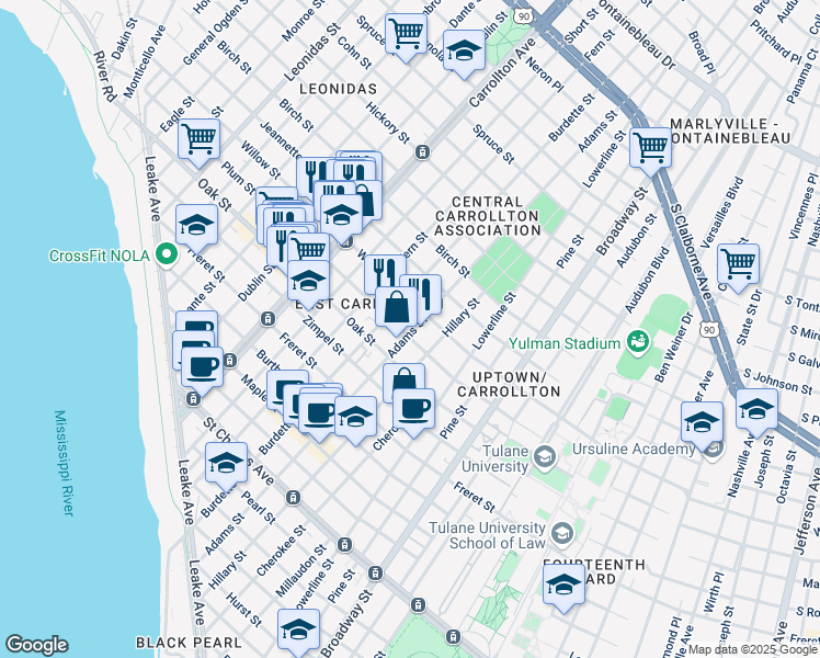 map of restaurants, bars, coffee shops, grocery stores, and more near 1301 Burdette Street in New Orleans