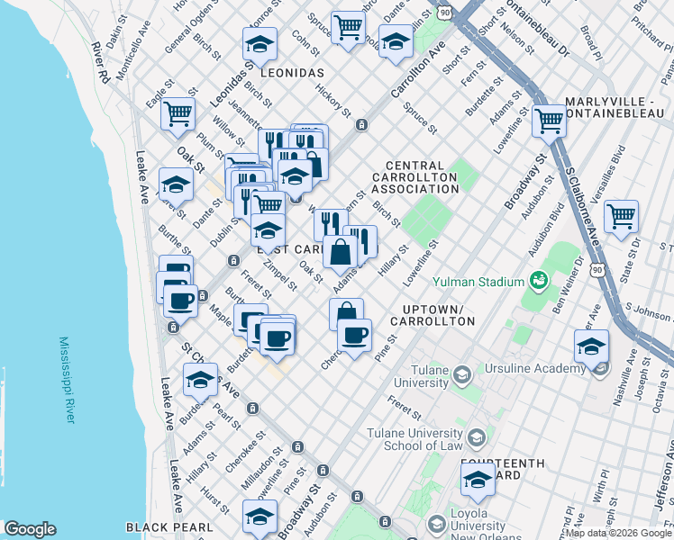 map of restaurants, bars, coffee shops, grocery stores, and more near 1301 Burdette Street in New Orleans