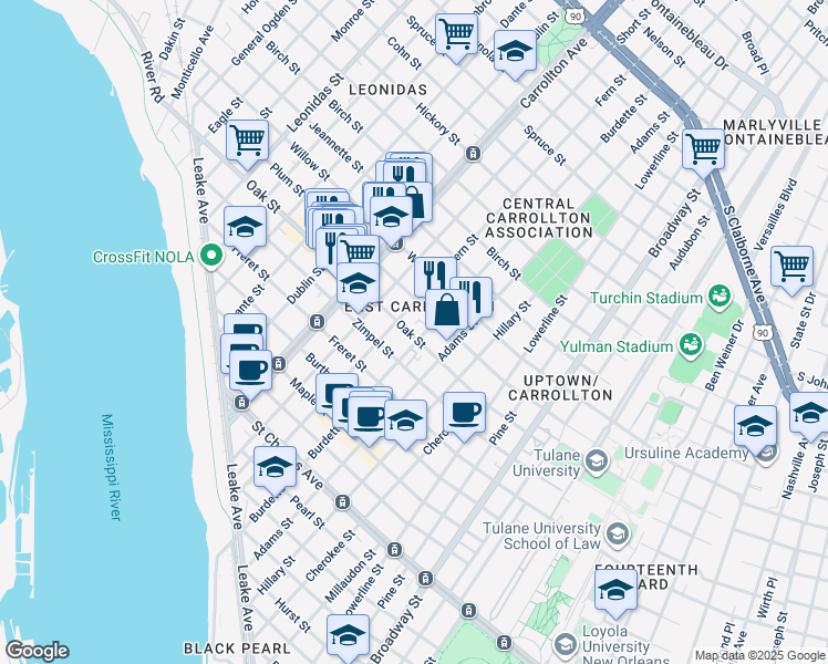 map of restaurants, bars, coffee shops, grocery stores, and more near 1213 Fern Street in New Orleans