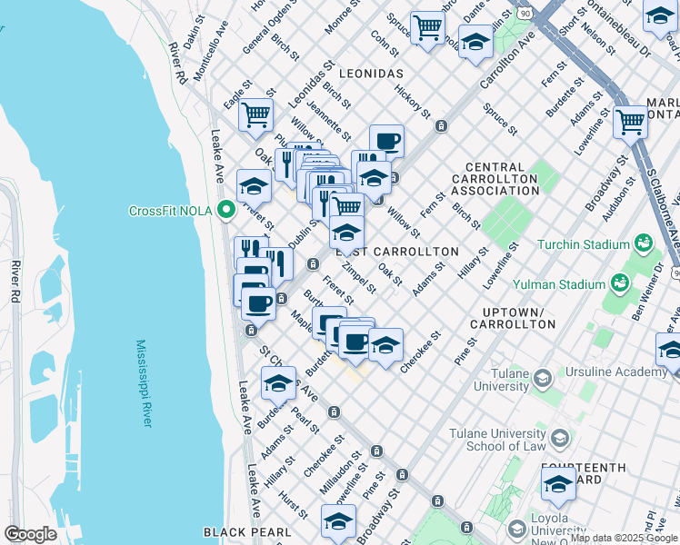 map of restaurants, bars, coffee shops, grocery stores, and more near 1015 South Carrollton Avenue in New Orleans