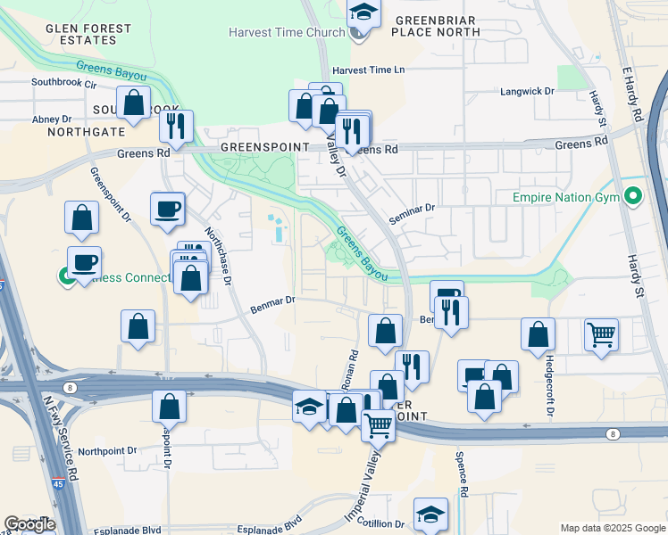 map of restaurants, bars, coffee shops, grocery stores, and more near 16818 City View Place in Houston