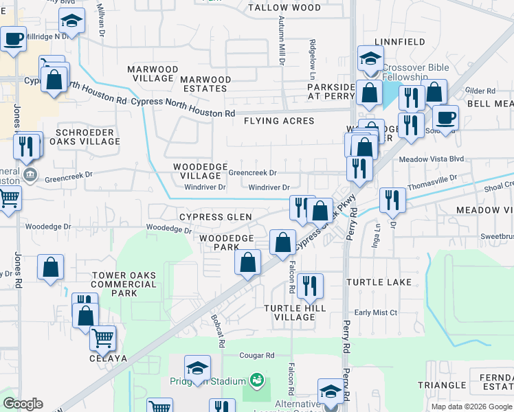 map of restaurants, bars, coffee shops, grocery stores, and more near 10003 Windriver Drive in Houston