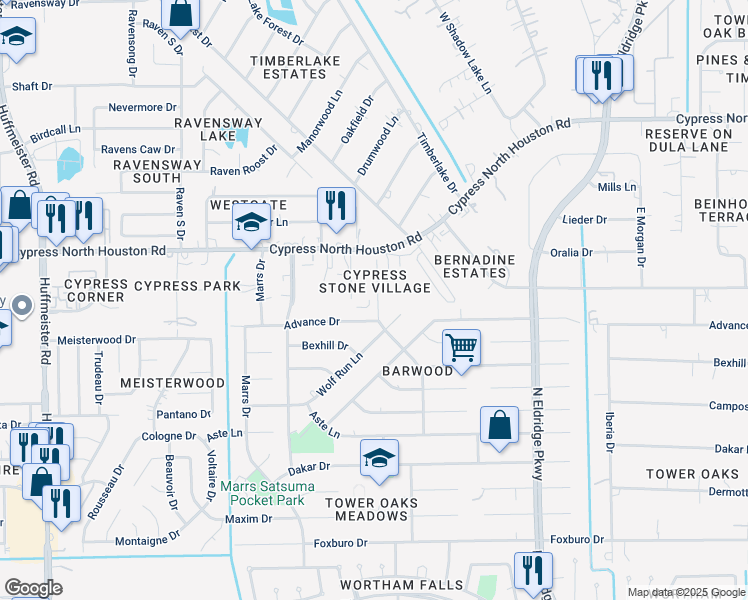 map of restaurants, bars, coffee shops, grocery stores, and more near 11810 Chetman Drive in Houston