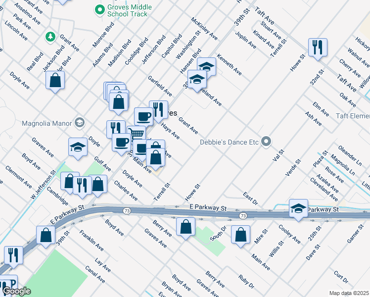 map of restaurants, bars, coffee shops, grocery stores, and more near 3724 Hays Avenue in Groves