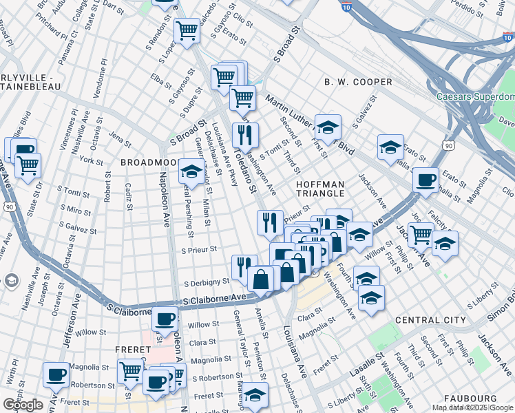 map of restaurants, bars, coffee shops, grocery stores, and more near 3320 Toledano Street in New Orleans