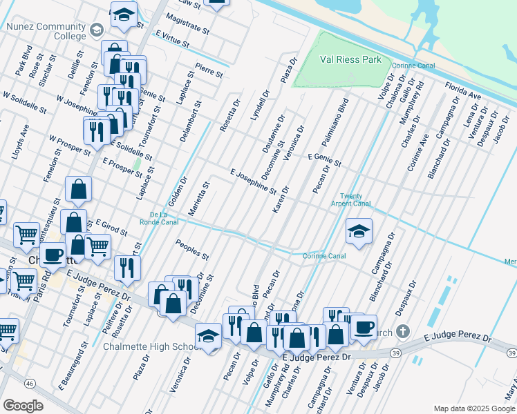 map of restaurants, bars, coffee shops, grocery stores, and more near 3312 Veronica Drive in Chalmette