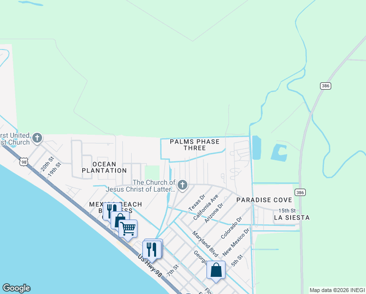 map of restaurants, bars, coffee shops, grocery stores, and more near 1107 15th Street in Mexico Beach
