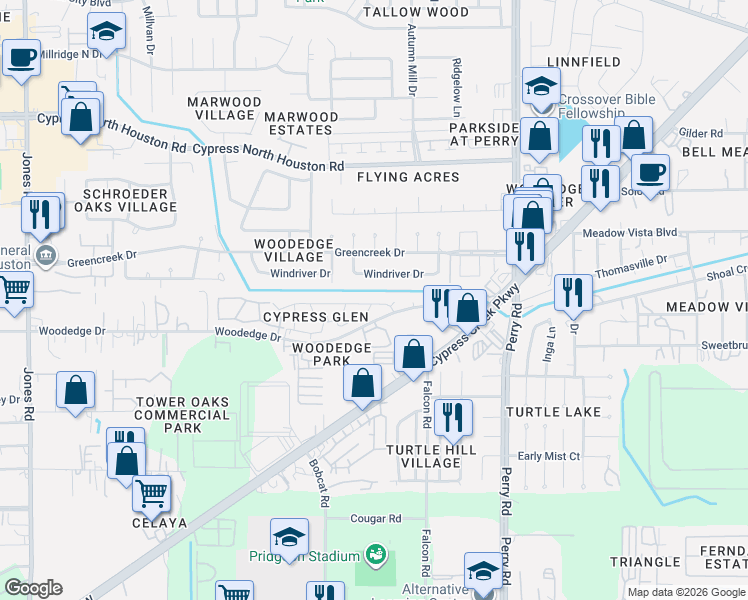 map of restaurants, bars, coffee shops, grocery stores, and more near 10003 Windriver Drive in Houston