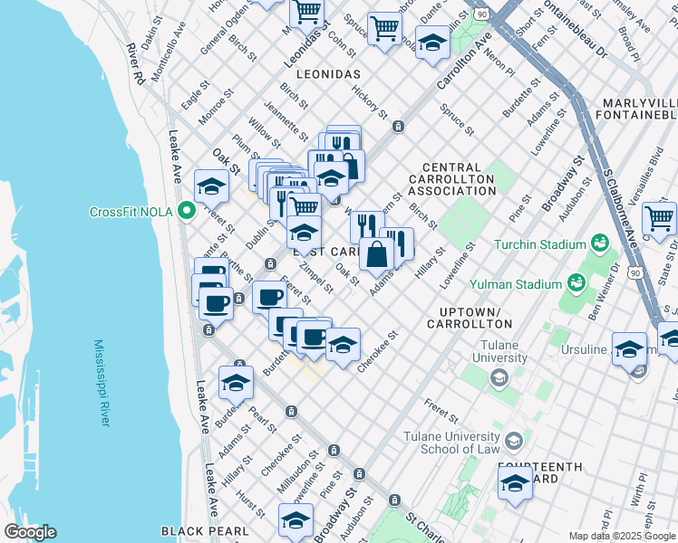 map of restaurants, bars, coffee shops, grocery stores, and more near 7824 Oak Street in New Orleans