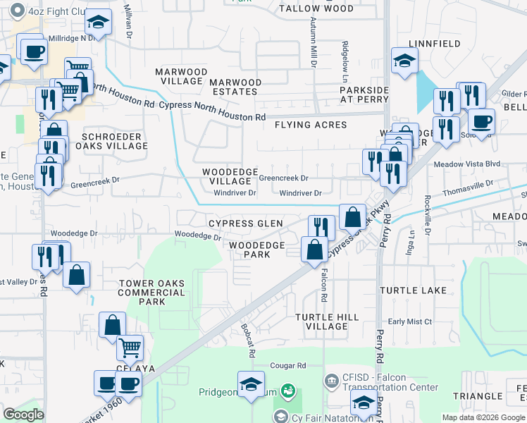 map of restaurants, bars, coffee shops, grocery stores, and more near 10031 Windriver Drive in Houston
