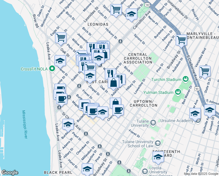 map of restaurants, bars, coffee shops, grocery stores, and more near 1301 Burdette Street in New Orleans