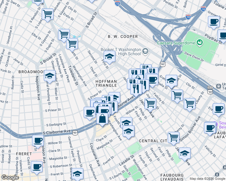map of restaurants, bars, coffee shops, grocery stores, and more near 2417 South Roman Street in New Orleans