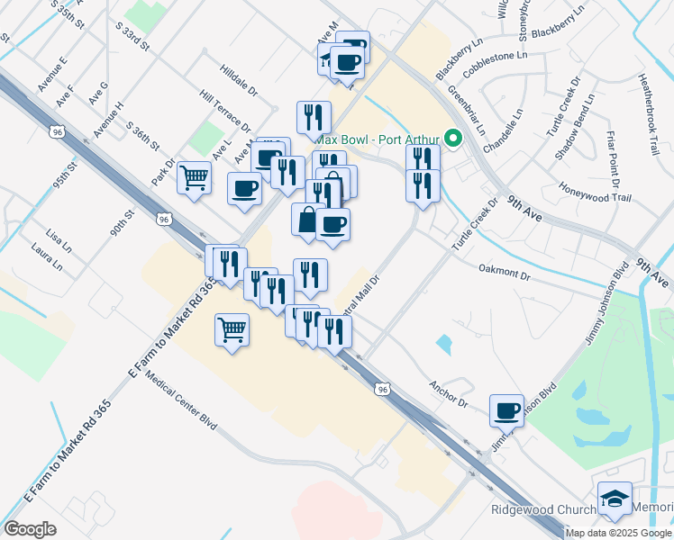 map of restaurants, bars, coffee shops, grocery stores, and more near 3100 Farm to Market Road 365 in Port Arthur