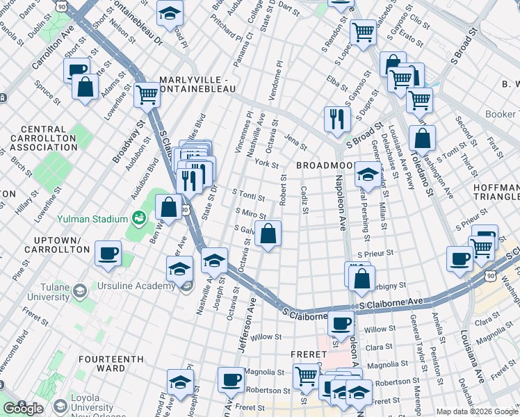 map of restaurants, bars, coffee shops, grocery stores, and more near 3324 Octavia Street in New Orleans