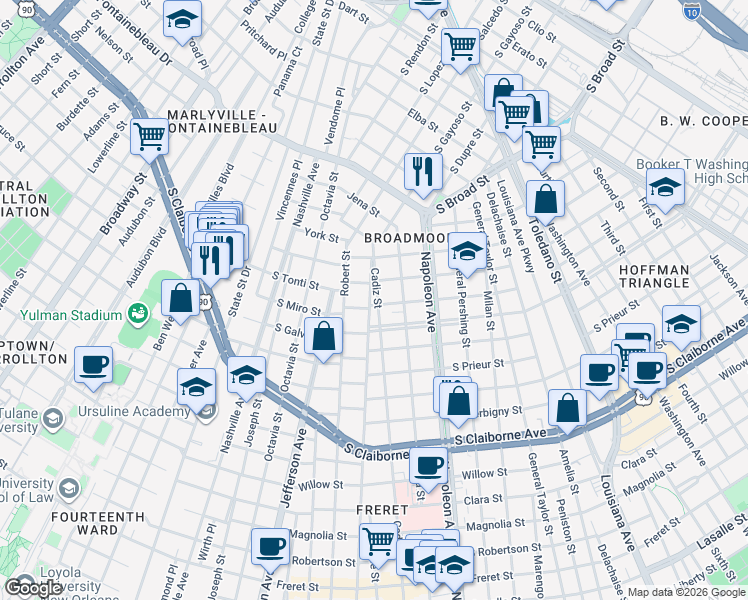 map of restaurants, bars, coffee shops, grocery stores, and more near 4600 South Tonti Street in New Orleans