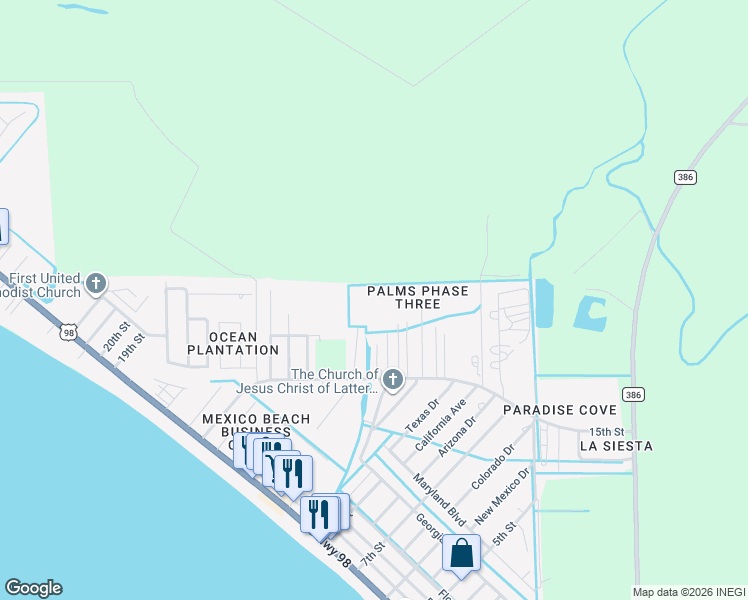 map of restaurants, bars, coffee shops, grocery stores, and more near 1107 15th Street in Mexico Beach