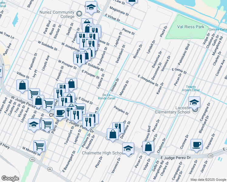 map of restaurants, bars, coffee shops, grocery stores, and more near 505 East Street Avide Street in Chalmette