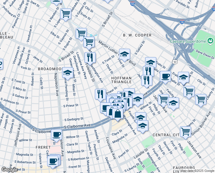map of restaurants, bars, coffee shops, grocery stores, and more near 2700 South Johnson Street in New Orleans