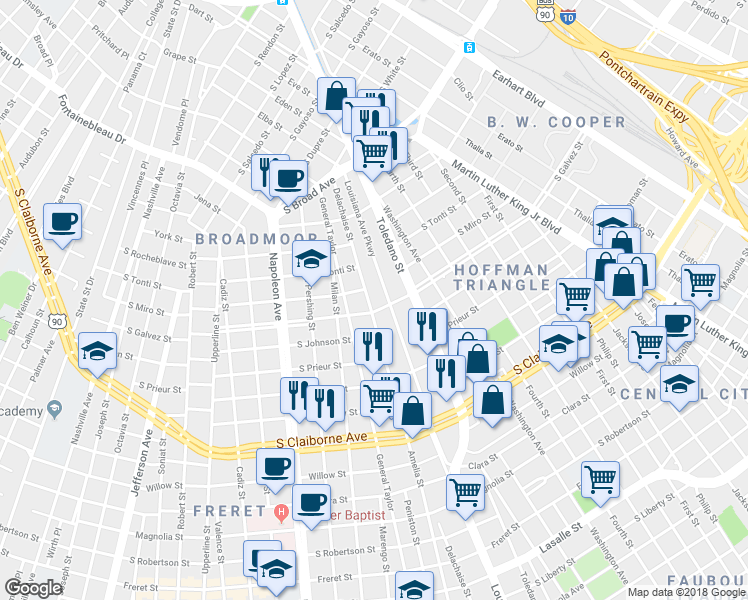 map of restaurants, bars, coffee shops, grocery stores, and more near 3506 South Miro Street in New Orleans