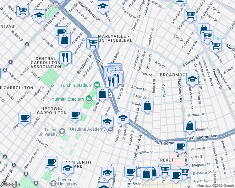map of restaurants, bars, coffee shops, grocery stores, and more near 3142 State Street Drive in New Orleans