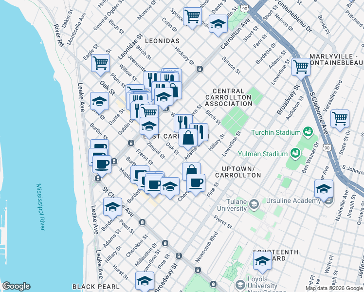 map of restaurants, bars, coffee shops, grocery stores, and more near 1301 Burdette Street in New Orleans
