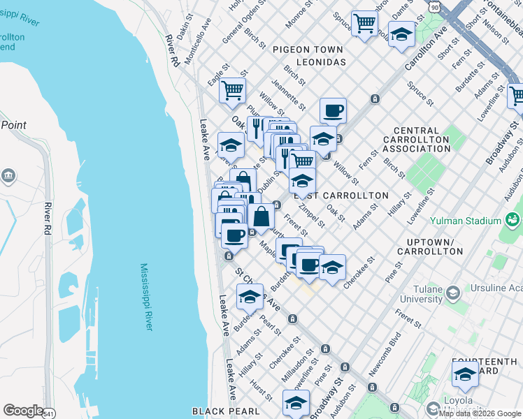 map of restaurants, bars, coffee shops, grocery stores, and more near 8112 Freret Street in New Orleans