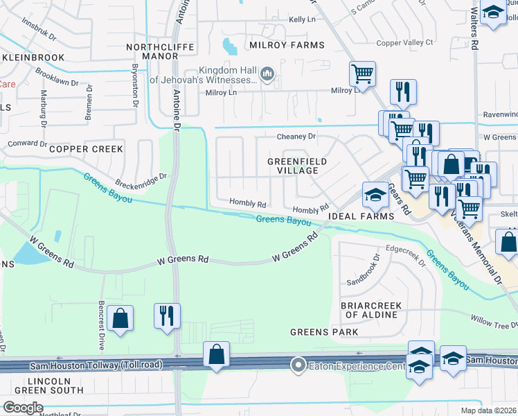 map of restaurants, bars, coffee shops, grocery stores, and more near 3518 Hombly Road in Houston