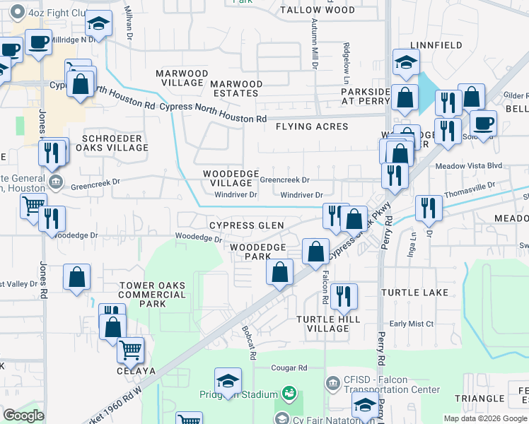 map of restaurants, bars, coffee shops, grocery stores, and more near 10031 Windriver Drive in Houston