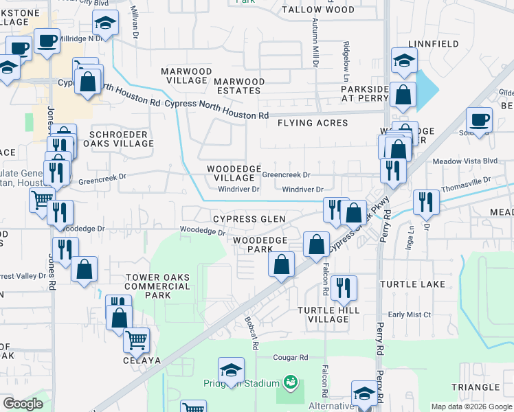 map of restaurants, bars, coffee shops, grocery stores, and more near 10118 Spring Place Drive in Houston
