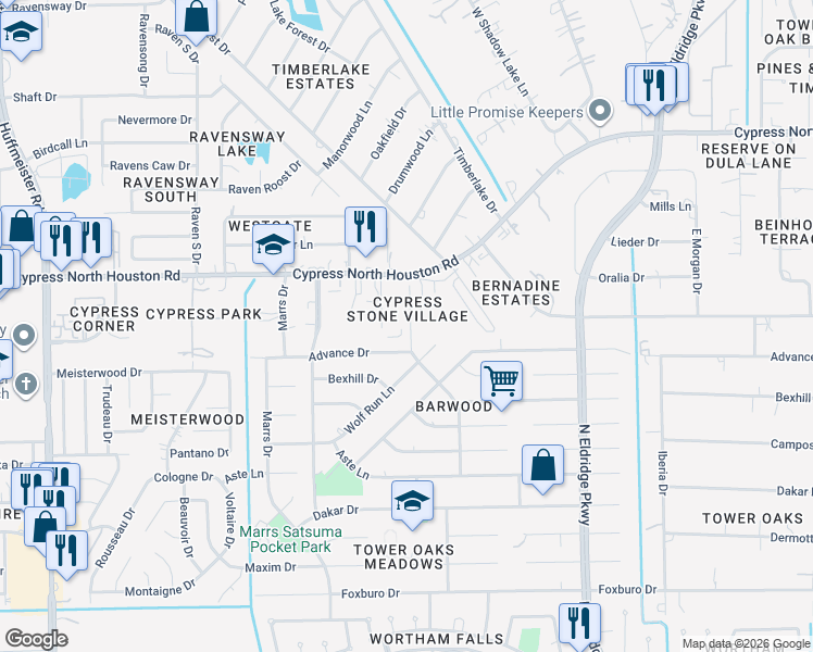 map of restaurants, bars, coffee shops, grocery stores, and more near 11810 Chetman Drive in Houston