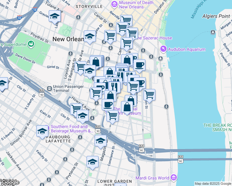 map of restaurants, bars, coffee shops, grocery stores, and more near 755 Magazine Street in New Orleans