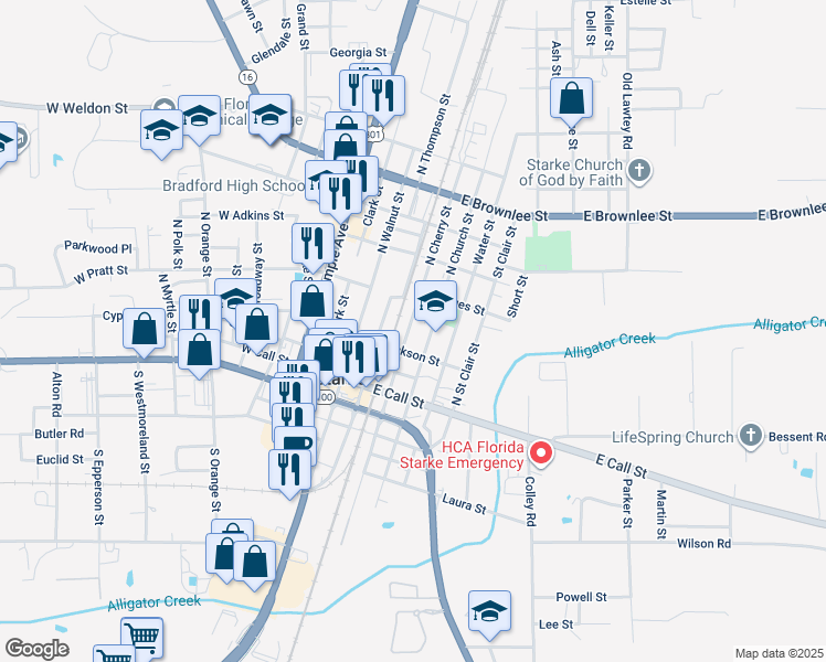 map of restaurants, bars, coffee shops, grocery stores, and more near 346 North Cherry Street in Starke