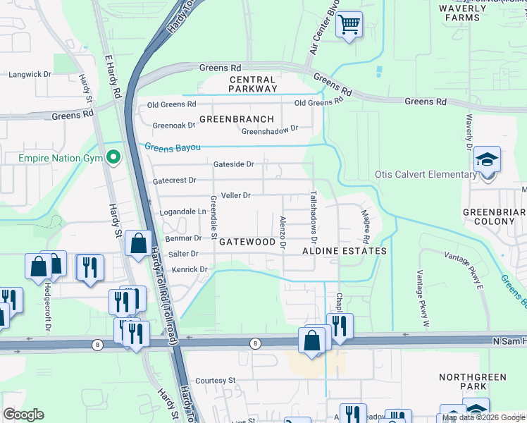 map of restaurants, bars, coffee shops, grocery stores, and more near 15726 Dowlwood Drive in Houston