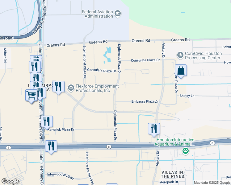map of restaurants, bars, coffee shops, grocery stores, and more near Diplomatic Plaza Drive in Houston