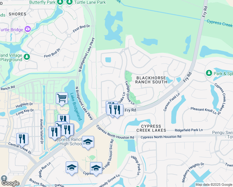 map of restaurants, bars, coffee shops, grocery stores, and more near 11518 Timberly Park Lane in Cypress