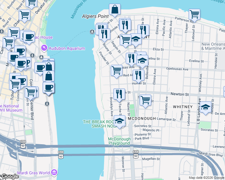 map of restaurants, bars, coffee shops, grocery stores, and more near 917 Teche Street in New Orleans