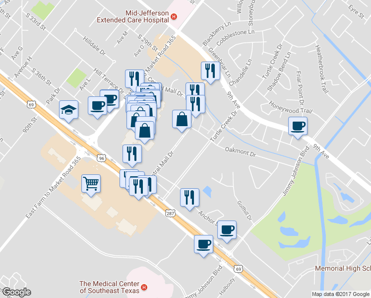 map of restaurants, bars, coffee shops, grocery stores, and more near 3270 Central Mall Drive in Port Arthur