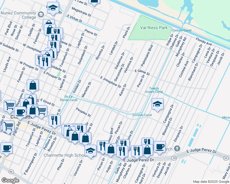 map of restaurants, bars, coffee shops, grocery stores, and more near 3312 Veronica Drive in Chalmette