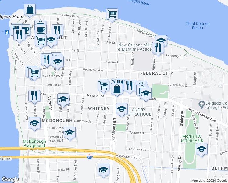 map of restaurants, bars, coffee shops, grocery stores, and more near 902 Whitney Avenue in New Orleans